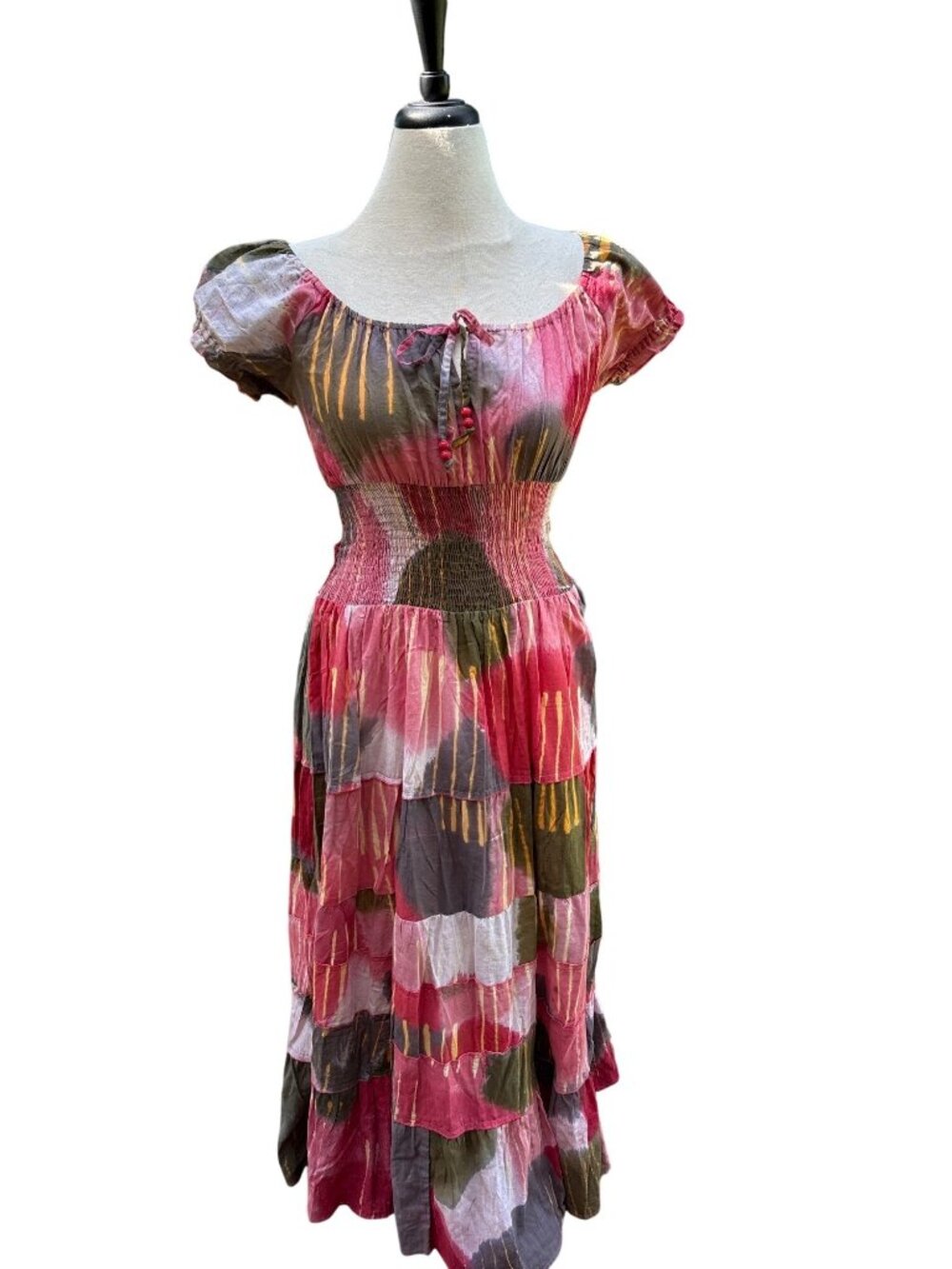 Light Boho Tie-Dye Midi Dress Puff Sleeves Pink Size Medium Cotton Handmade